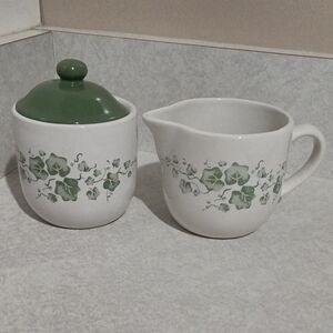 Green and White Ceramic Sugar and Creamer Set